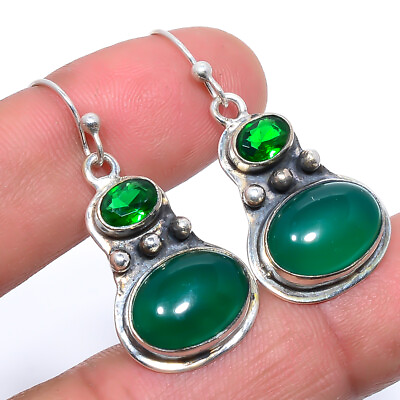 #ad African Green Onyx amp; Emerald Quartz 925 Sterling Silver Earring 1.42quot; T41 $22.60
