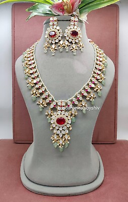 #ad Gold Plated Fashion Ruby Pink High Quality Polki Moissanite Kundan Necklace Set $210.00