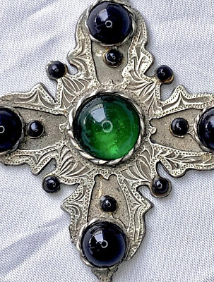 #ad Antique Vintage Green Glass Cabochon Gripoix Silver Maltese Cross Pendant 2.75in $120.00