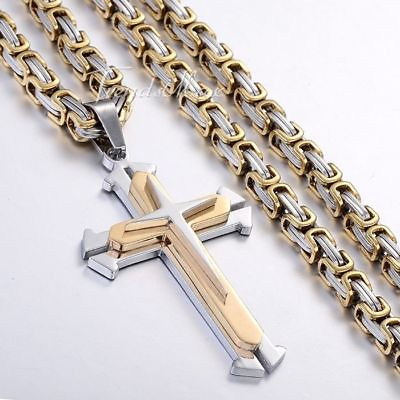 #ad Mens Chain 5mm Gold Silver Byzantine Stainless Steel Cross Pendant Necklace 36quot; $8.99