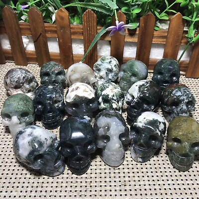 #ad 1pc natural Moss Agate carved skull statue decorate $16.72