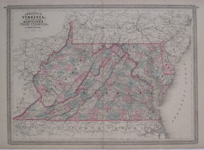 #ad Original 1873 Antique Map JOHNSON#x27;S VIRGINIA DELAWARE MARYLAND WEST VIRGINIA $129.99