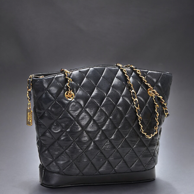 #ad Authentic CHANEL Matelasse Plate Chain Shoulder Bag Tote Black Lambskin Women#x27;s $1072.00