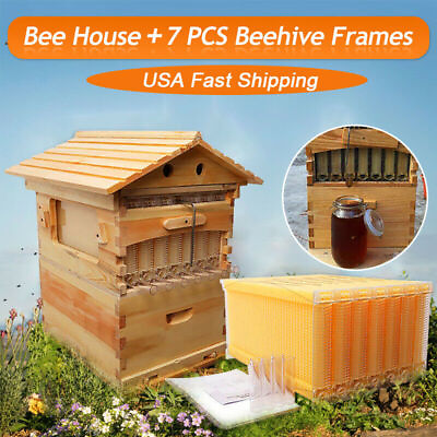 #ad Bee Hive Beekeeping Brood Wooden House Box amp;7PC Easy Flowing Auto Beehive Frames $209.33