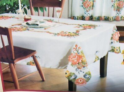 #ad Spray Printed Fabric Tablecloth w vivid puff applique60quot;x84quot;Oblong FLOWERS LU $21.99