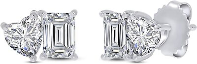 #ad 1.7ct Emerald amp; Heart Cut Lab Created Moissanite Toi et Moi Stud Earrings Silver $122.65
