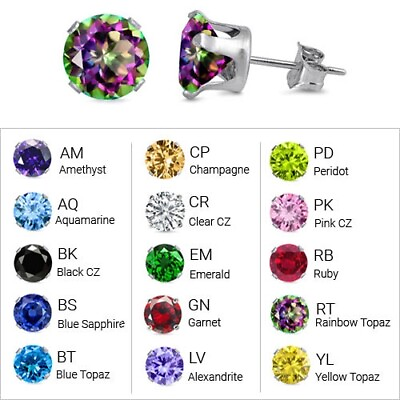 #ad Stud Earrings Round Cubic Zirconia Birthstone Solid Sterling Silver 2mm 10mm $49.00