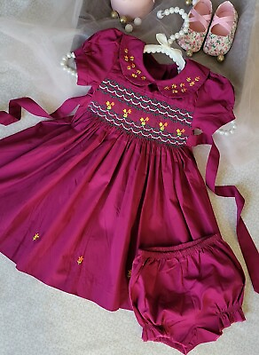 #ad Burgundy Hand Smocked Embroidered Baby Girl Dress Girls Formal Smocking Dress $38.99