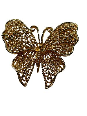 #ad Napier Butterfly Brooch Pin Gold Tone Metal Filigree Vintage 1980s $11.24