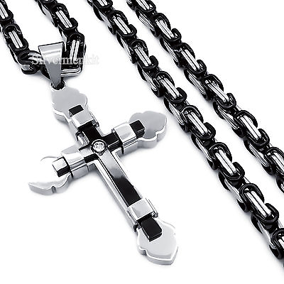 #ad Mens Silver Black Gold CZ Cross Pendant With Stainless Steel Chain Necklace $12.87