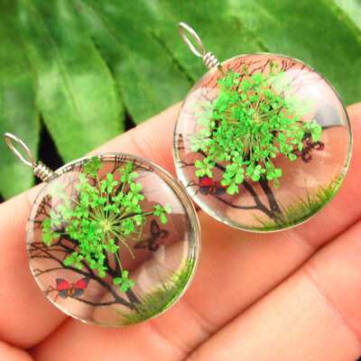 #ad 2Pcs Wrapped Crystal Glass Green Dried Flower Round Pendant Bead Q11969 $9.95