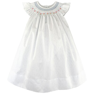 #ad NWT Petit Ami White amp; Blue Dot Smocked Bishop Girls Dress 4T Toddler 4 Year $42.49