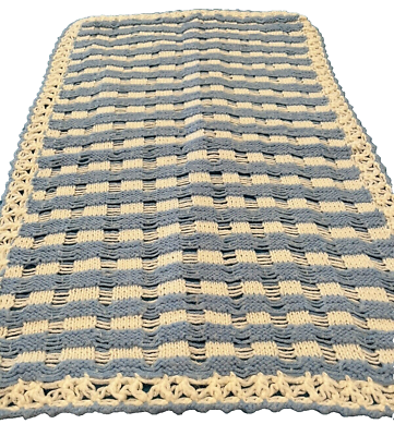 #ad Vintage Beautiful Handmade Blue amp; White hand knit Baby Blanket from 1970#x27;s $7.95
