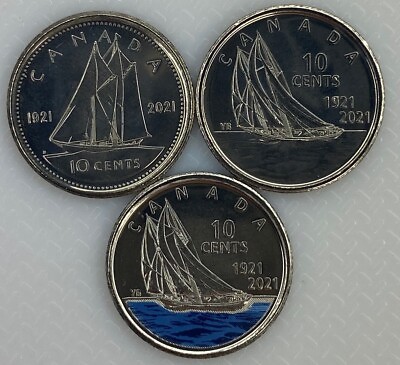 #ad 2021 Canada 100th Anniversary Bluenose UNC BU Three Coin Dime Set C $1.89