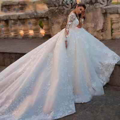 #ad Luxury Princess Wedding Dresses A Line Long Sleeve Lace applique Bridal Gowns $163.00