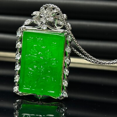 #ad Certified Natural Perfect high Ice Green jade Jadeite amulet Pendantamp;Necklace花鸟 $49.98
