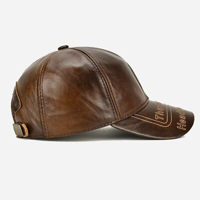 #ad Men Genuine Cowhide Leather Baseball Cap Autumn Winter Vintage Adjustable Hat $49.99