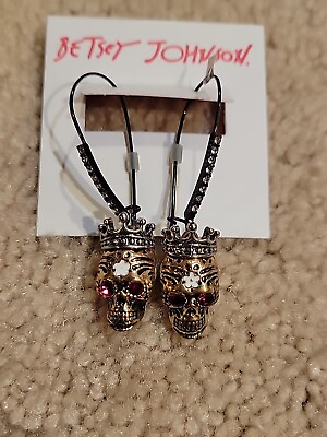 #ad Betsey Johnson Rhinestone Skull with Crown Drop Earrings $19.95