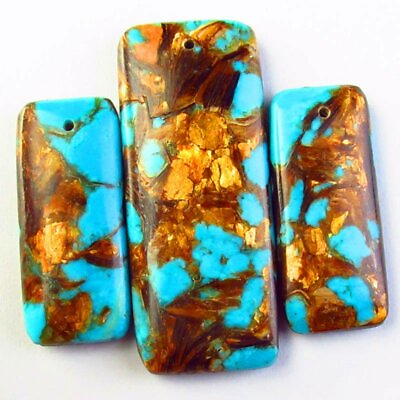 #ad 3pcs set Blue Turquoise amp; Gold Copper Bornite Oblong Pendant Bead A88 $9.12
