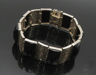 #ad 925 Sterling Silver Vintage Hematite amp; Marcasite Panel Chain Bracelet BT7493 $233.55