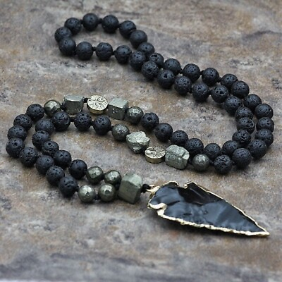 #ad Natural Lava Rock Volcano Stone Beaded Necklace Obsidian Arrowhead Pendant $17.50