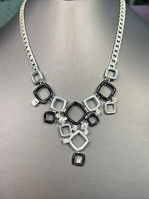 #ad Vintage Chrome Silver Black rhinestone Bib statement necklace 18”￼ $20.00