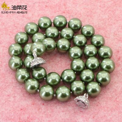 #ad Beautiful Shell Pearl Round Necklace Elegant Army Green Bead Choker Magnet Clasp $21.33