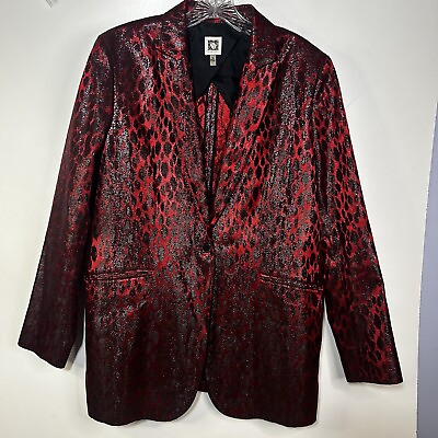 #ad Anne Klein Sz 16 Shiny Leopard Animal Print Jacquard Red Black Jacket Blazer $48.00