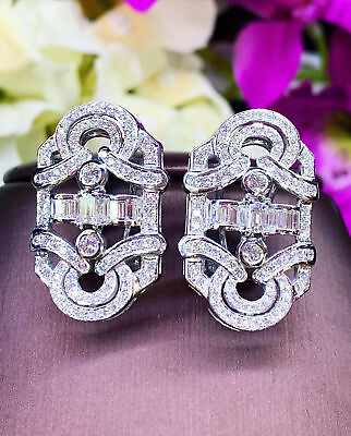 #ad Unique Simulated Diamond 14K White Gold Plated Geometric Art Deco Stud Earrings $117.60