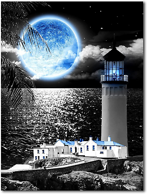 #ad Coast Lighthouse Canvas Wall Art: Blue Moon Wall Decor Black White Decoration $18.91