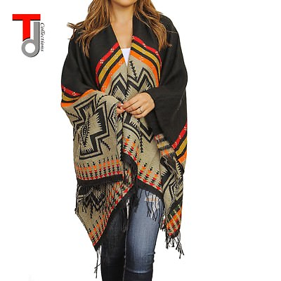 #ad Winter Aztec Kimono New Print Fringed Colorful Oversize Poncho Blanket Wrap $33.94