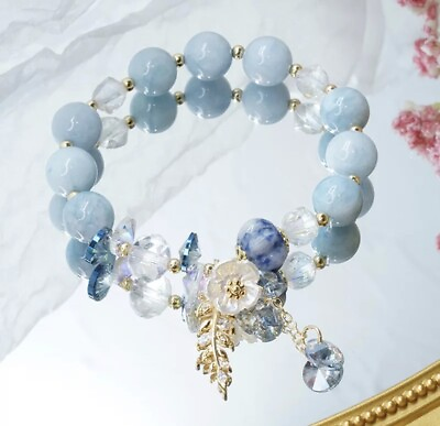 #ad Hand Made Aquamarine Flower Charm Bracelet $17.99