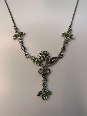 #ad Vintage Premier design Silvertone necklace peridot colored rhinestones B4 $4.32