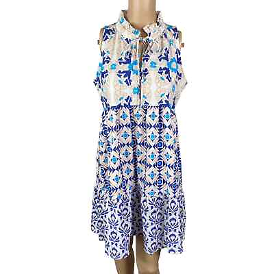 #ad Sunday Up White Blue Geometric Patchwork Tiered High Neck Sundress Women#x27;s S $28.00