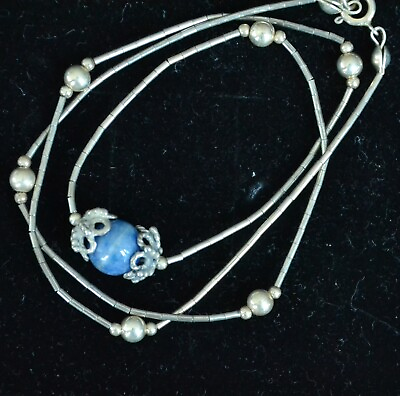 #ad Lapis lazuli sterling silver necklace blue gemstone vintage silver V702 $42.99