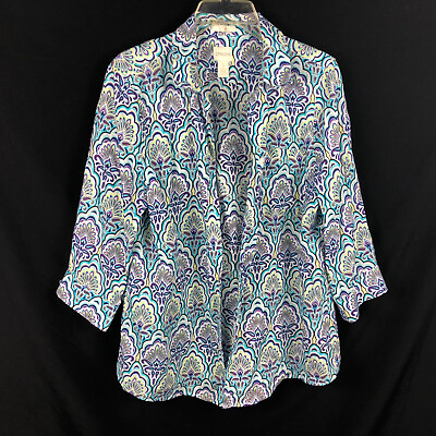 #ad Chicos 2 No Iron LINEN Button Up Shirt 3 4 Slv Blue Green White Sz Large 12 14 $22.99