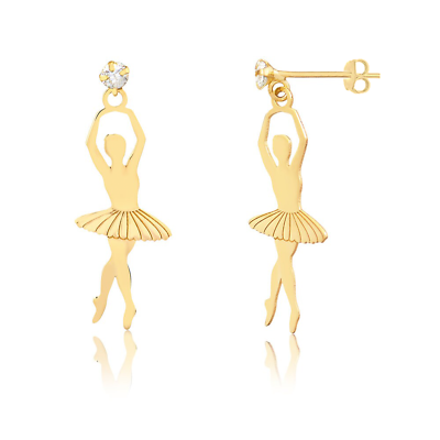 #ad 18k Solid Gold Ballet Dancer Ballerina Zircon Push Back Drop Earrings for Women $202.29