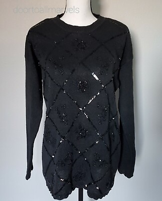 #ad Holiday Sweater Black Beaded Sequined Embroidered Festive Party Women sz Medium $18.98