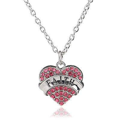 #ad FAITH SILVER NECKLACE WITH SHINY STUDDED PINK CRYSTAL HEART NECKLACE #KC45 $6.74
