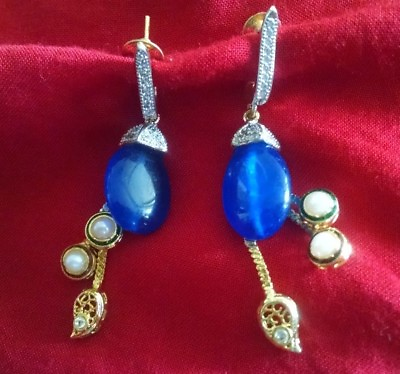 #ad Ethnic Gold plated Teen Girls Women Indian Blue Cz Stone dangle Drop Earrings C $18.99