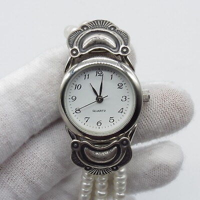 #ad Women Quartz Watch Round Dial 23mm Seed Pearl Sterling Silver Band 6.7quot; Signed $28.49