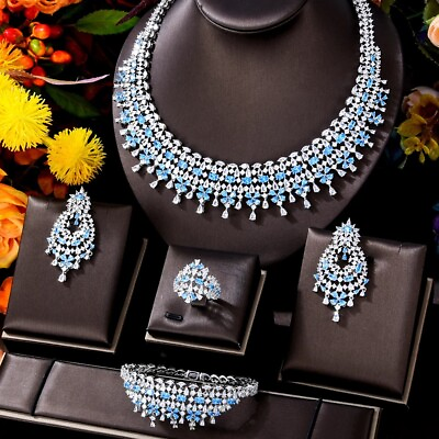 #ad Indian 18k White Gold Filled Choker CZ Necklace Bracelet Ring Blue Jewelry Set $289.99