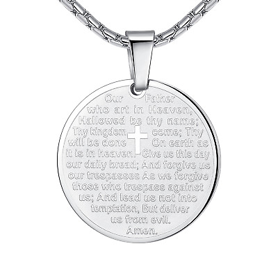 #ad Stainless Steel Unisex Bible Lord#x27;s Prayer and Cross Medallion Pendant Necklace $14.25