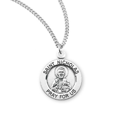 #ad Catholic Patron Saint Nicholas Round Sterling Silver Medal Pendant Necklace $49.88