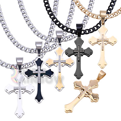 #ad P8 Men#x27;s Solid Celtic Color CZ Stainless Steel Cross Pendant Free Chain Necklace $19.99