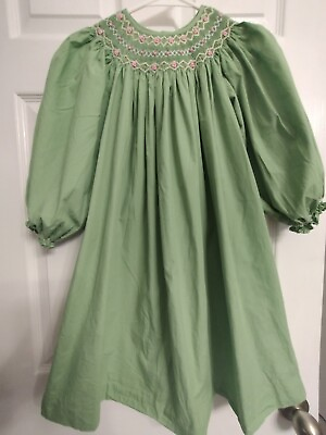 #ad Smocked Bishop Dress Long Green Pink Flowers Girls Size 5 Mom amp; Me $29.99
