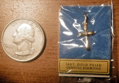 #ad Vintage 14K Gold Filled Christian Cross With Diamond Medal Pendant #3 $39.04