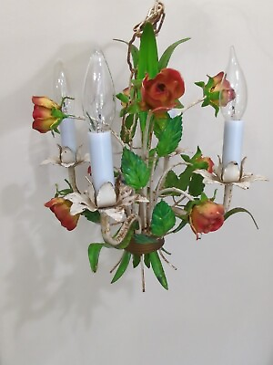 #ad Vtg Italian French Tole shabby Roses Green Leaf 4 arm light Chandelier $135.00