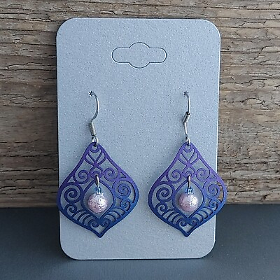 #ad Handmade Blue Purple Filigree Earrings Swirl Dangles Beads Gift Rdy Lightweight $7.95