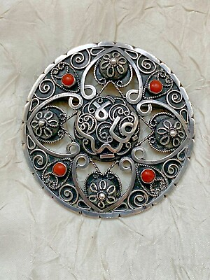 #ad Vintage North African Silver Brooch with Coral beads Cabochon 6.7cm $109.00